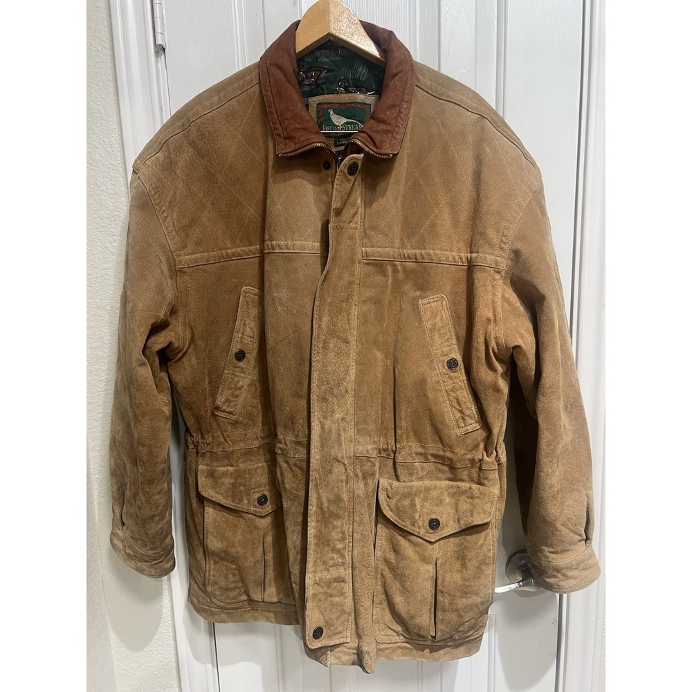 Stream & Field Mens XL Tan Outdoor Jacket- Pattern Lining, Leather Collar